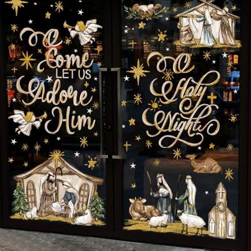 DULEFUN Christmas Window Clings 6 Sheets Jesus Nativity Window Stickers Decals Double-Sided Christmas Glass Window Decoration for Xmas Home Kitchen Office Decor Winter Holiday New Year