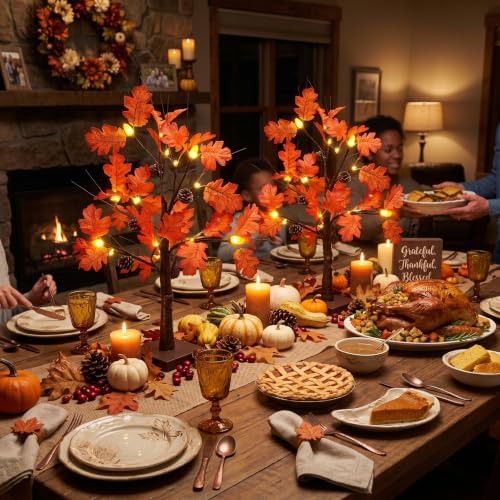hogardeck Fall Decorations for Home, 2 Pcs 24”2FT Lighted Acorn Leaves Tree Fall Decor with Warm White LEDs, 6 Acorn