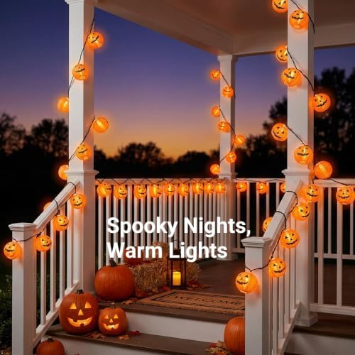 TIGOMOOV Halloween Pumpkin String Lights, Jack O Lantern Lights Plug in, 10 Orange Pumpkin Lanterns 9.83FT Connectable, Indoor Outdoor Fall Halloween Decorations for Porch Mantel Yard