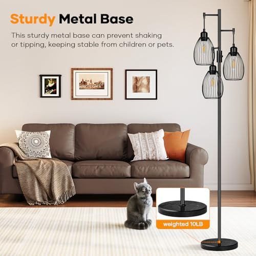 Dimmable Floor Lamp,3x800LM LED Bulbs Included, Farmhouse Industrial Floor Lamp Standing Tree Lamp with Teardrop Cage