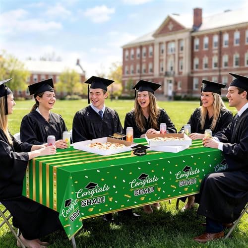 Childom 3 Pack Graduation Tablecloth,Graduation Decorations 2026 Graduation Party Decorations,54"x108" Green and Gold Graduation Decorations,Plastic Table Cloth Disposable Rectangle for Party Supplies