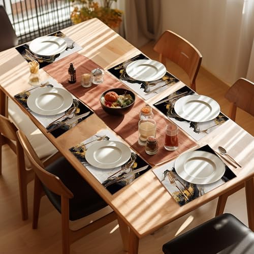 White Black Placemats Set of 6,Washable Heat Resistant 12×18 Inch Linen Table Mats Golden Marble Place Mats for Party Outdoor Dining Décor