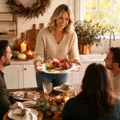 ceiba tree Thanksgiving Fall Turkey Platter Serving Tray Dish Reusable Melamine Large 16 X 12.6 inch Harvest Autumn Oval Plate for Party Tableware Holiday Buffet Friendsgiving Snacks Appetizers