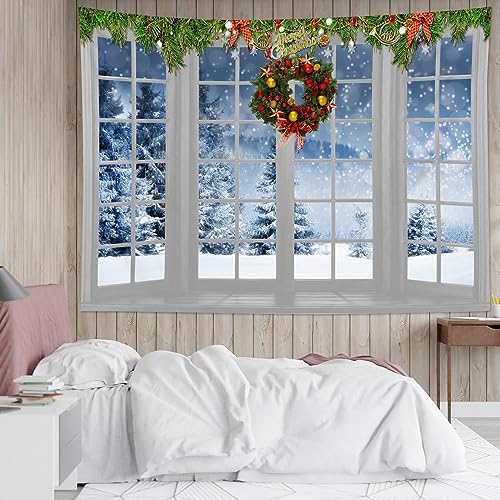 HVEST Christmas Tapestry for Bedroom Winter Forest outside White Window Large Tapestry Wall Hanging Nature Landscape Christmas Wall Art for Living Room Dorm Home Decor Backdrop, 70.9L X 92.5W inches