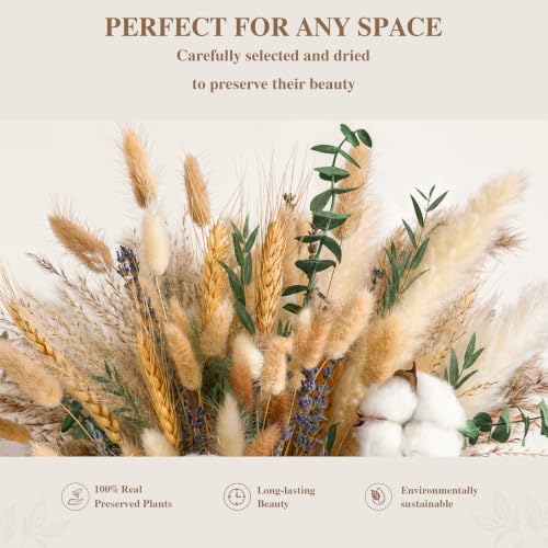 Green Dried Flower Bouquet, 10 Varieties Pampas Grass with Eucalyptus, Lavender, Cotton, Wheat & Bunny Tails, Natural Dried Flowers for Vase, Boho Farmhouse Wedding Home Decor