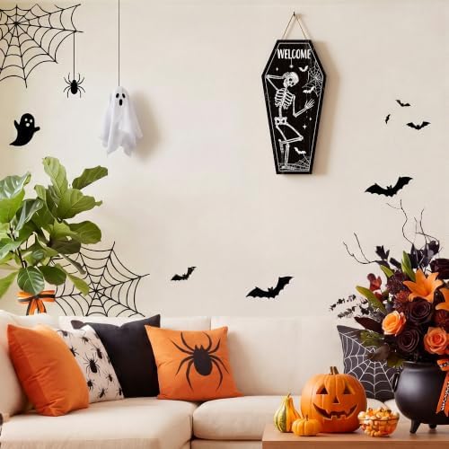 Smile Halloween Wooden Door Hanger with Welcome Skeleton Coffin Design