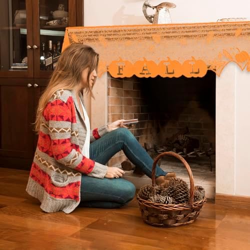 Fall Mantel Scarf Orange Fireplace Mantel Cover for Window Indoor Thanksgiving Decoration Lace Mantel Scarf for Halloween Home Party Holiday Decoration