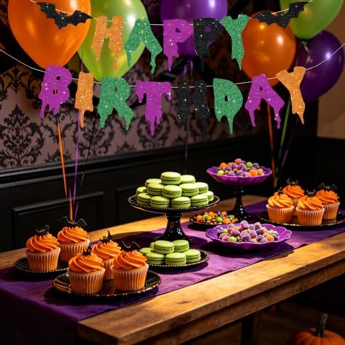 Glitter Happy Birthday Halloween Banner - NO DIY - Halloween Hanging Paper Garland Bunting Banner Decorations, Party Supplies for Kids Boy Girl Birthday Orange Green Purple
