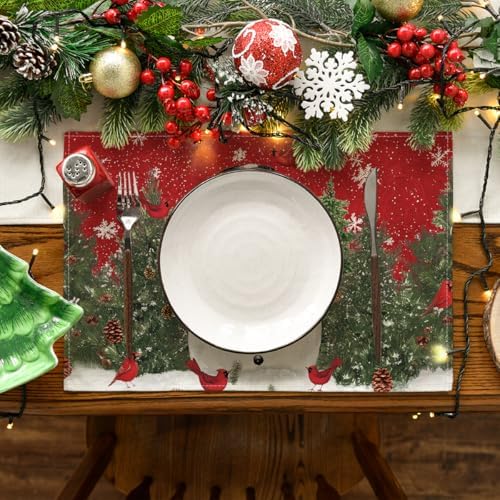 Artoid Mode Red Snowman Trees Bird Christmas Placemats Set of 12, 12x18 Inch Seasonal Winter Table Mats for Party Kitchen Dining Decoration