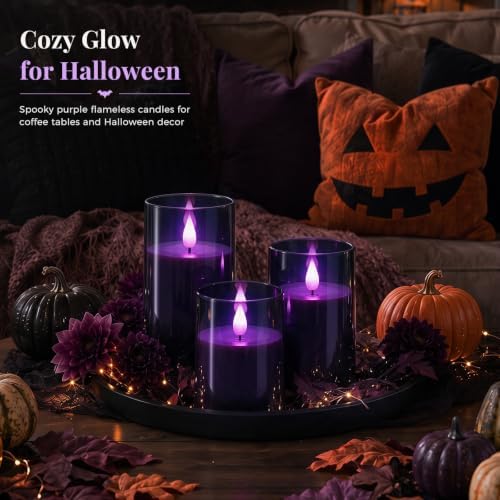 Homemory Dark Gray Flameless Candles, Purple Glow, Remote Timer, Set of 3