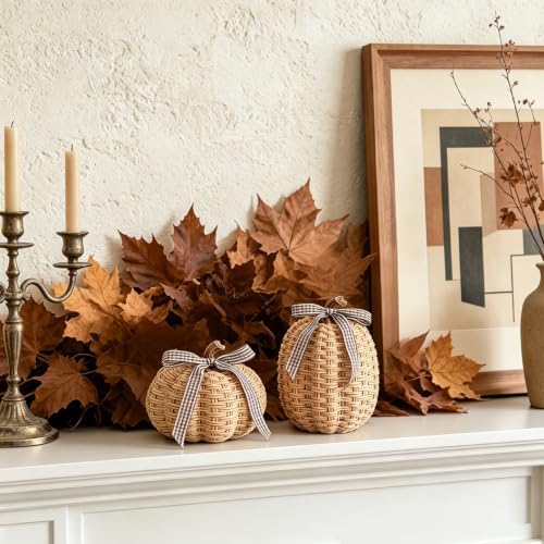 DN DECONATION Fall Pumpkin Decor, Fake Rattan Pumpkin Decorations for Home