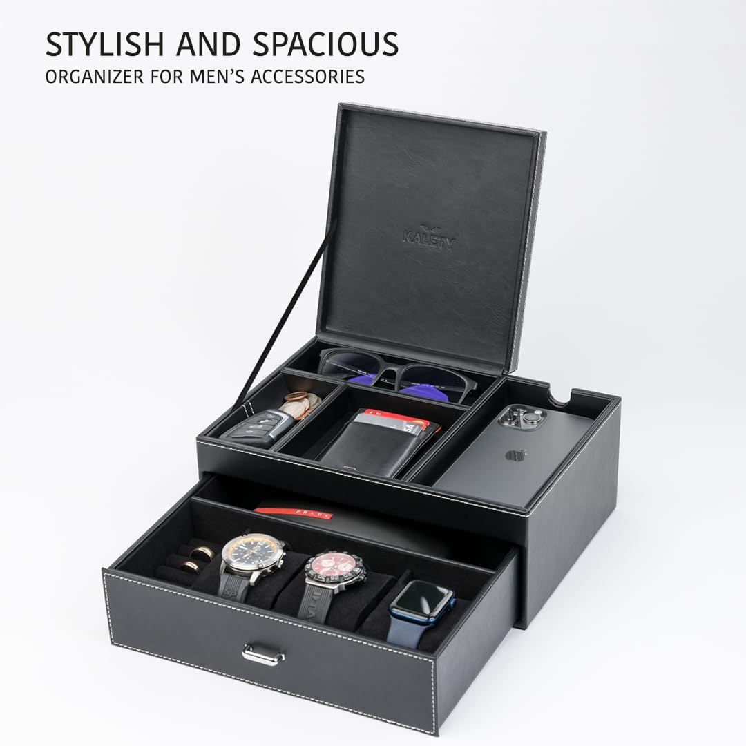 Mens Jewelry Box Organizer & Dresser Valet Tray - Premium Nightstand Station for Watches, Rings, and Accessories