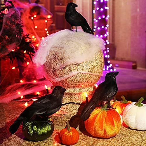 ATDAWN 6 Pack Halloween Black Feathered Crows, Realistic Halloween Birds Decoration for Spooky Décor