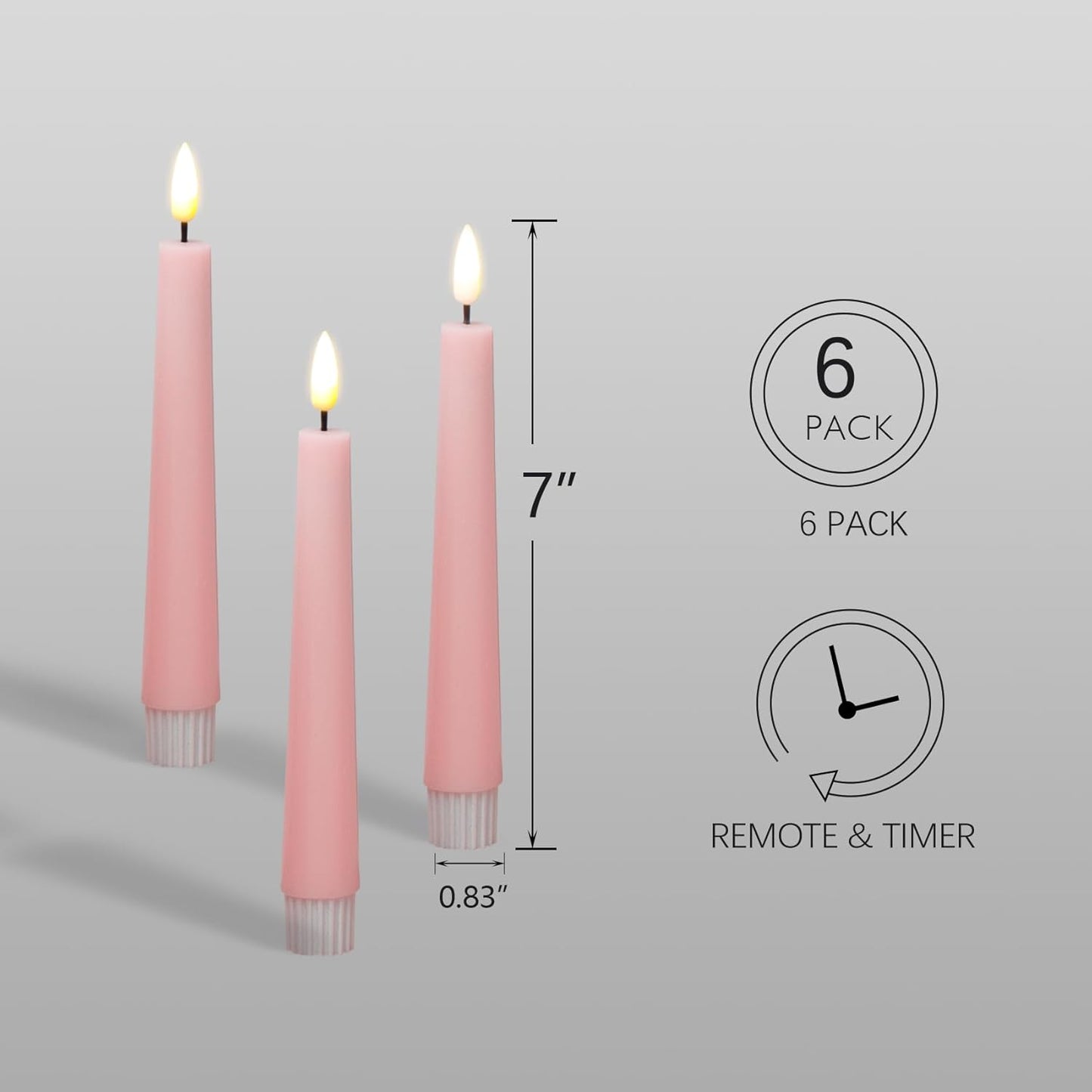 Short Pink Flameless Taper Candles with Remote Set of 6 | Flickering LED Candlesticks, Real Wax Coating, 2 AAA Battery