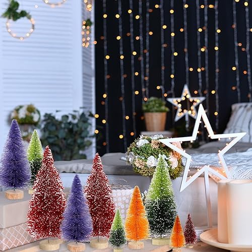 8pcs Mini Christmas Tree, Artificial Bottle Brush Trees with Wood Base, Tabletop Miniature XmasTrees with 4 Small Christmas Wreath, Fake Xmas Tree Ornament, White Christmas Tree for Christmas Décor