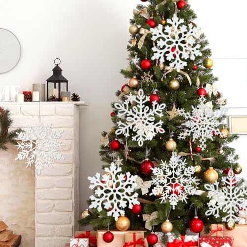 12pcs Large Christmas Snowflakes Decorations, 12" Big Plastic Glitter White Snowflake Ornaments for Winter Indoor Outdoor Christmas Tree Holiday Window Room Decor Craft Snowflakes