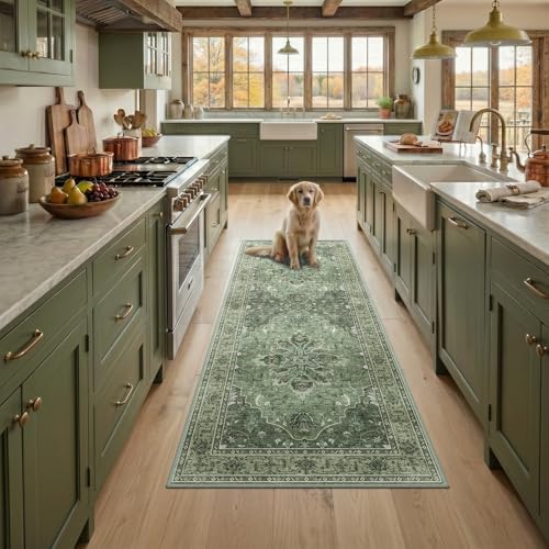 RELEANY Washable Area Rug, Runner 3'x8', Green/Dark Green/Gray