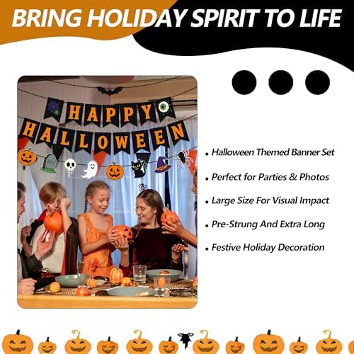 Happy Halloween Banner Garland – Black and Orange Hanging Decoration with Pumpkins, Ghost, Skull, Cat, Witch Hat, Bat, and Spider for Halloween Party, Classroom, Home, Wall, and Photo Booth Decor