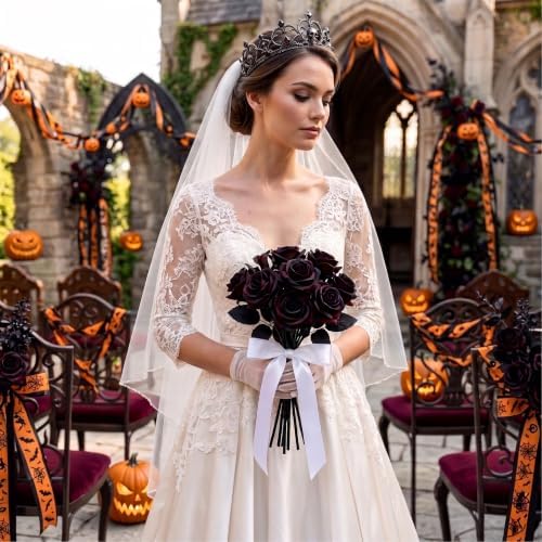 Auihiay 60Pcs Black Artificial Roses, Faux Halloween Flowers, Balck Roses