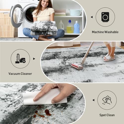 5x7 Area Rugs for Living Room: Washable Abstract Black White Grey Carpet