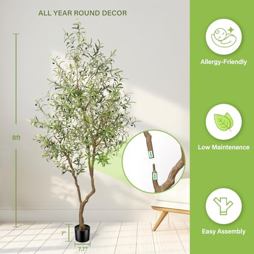 FEELEAD 8ft Faux Olive Tree - Realistic Large Olive Trees Artificial Indoor