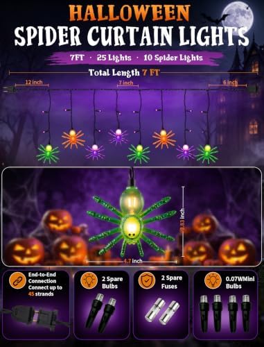 7FT Halloween Spider Curtain String Lights Plug-in 25 LED Decor
