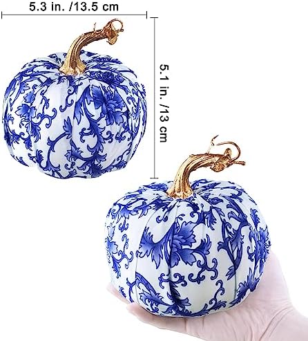 Winlyn 4 Pcs Faux Decorative Blue and White Fabric Pumpkins Chinoiserie Chic Pumpkins Foam Pumpkins for Gifts Farmhouse Thanksgiving Halloween Fall Wedding Table Centerpiece Mantel Bowl Decorations