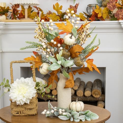 JINGHONG 12 Pack Artificial Fall Decorations 17 Inch Fall Picks Berry Stems with Pumpkins Maple Leaves Lamb Ears Leaves for Autumn Flower Arrangements Harvest Festival Thanksgiving Day Decor