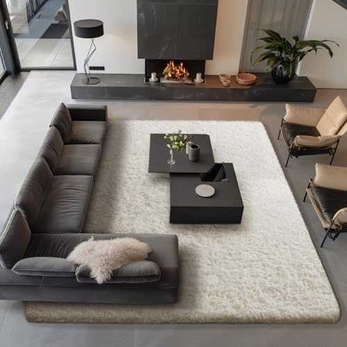 Ophanie Area Rugs 9x12 Living Room, Large Ivory Bedroom Carpet, Big Shag Indoor Thick Soft Nursery Rug, Fluffy Carpets