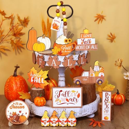 19pcs Fall Tiered Tray Decor- Fall Decorations Indoor Wooden Fall Decor Set with Wood Bead Pumpkin Gnome Truck Tabletop Centerpieces for Autumn Harvest Home Kitchen Table