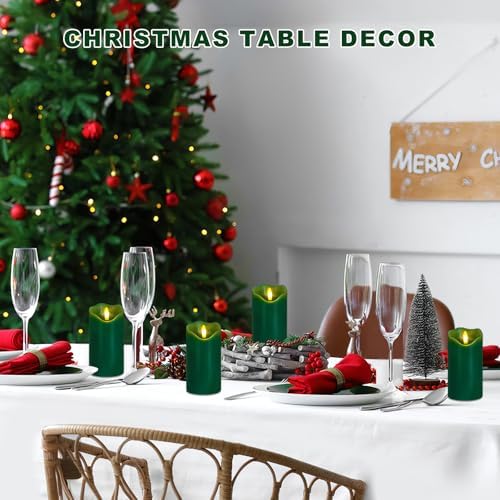 Green Flameless Candles Set of 2, Christmas Candles with Remote & Timer