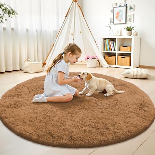 OLANLY Khaki Round Rugs for Bedroom - Machine Washable, 7 ft Circle Area Rugs for Living Room, Soft and Fluffy Shaggy