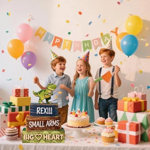 4 Pcs Dinosaur Tiered Tray Decor, Wooden T-Rex Table Decorations, Cute Dinosaur Party Centerpieces for Boys & Girls Birthday, Baby Shower, Nursery, Jungle Theme Home Decor