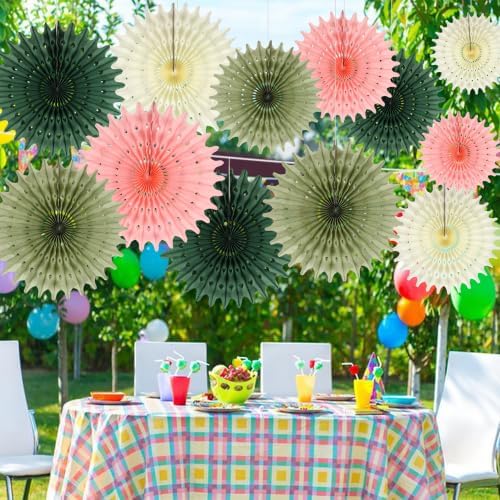 BestoFun 12PCS Pink Sage Green Hanging Paper Fans Decoration – Thin Tissue Paper Honeycomb Fan Ornaments, Hanging Fans for Wedding, Birthday, Baby Shower, Home & Party Décor