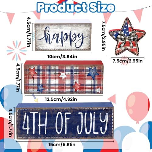 DIYDEC 4Pcs Memorial Day Table Decor 4th of July Patriotic Wood Signs Independence Tiered Tray Decor America Red Blue Centerpieces Signs for Farmhouse Holiday Tabletop Home Party Decoration