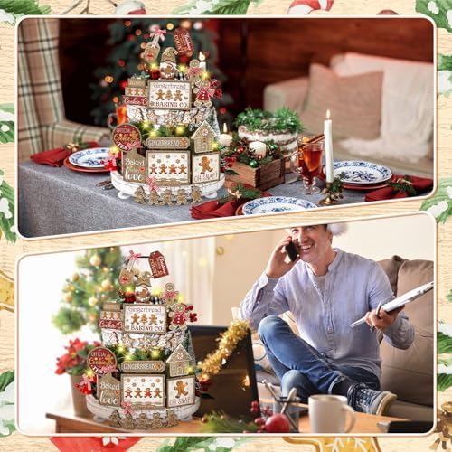 Shellwei 24 Pcs Christmas Tiered Tray Decor Set Wood Rustic Gingerbread Christmas Decoration Winter Farmhouse Decor Xmas Trees Gnome Elk Snowflake Signs for Table Shelf Home Centerpiece (Cute)