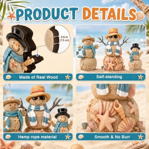 Suzile 3 Pcs Coastal Blue Snowman Wooden Decorations, Winter Decor