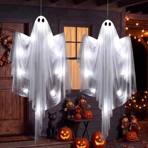 JOYIN 2 Pcs 47” Halloween Light up Hanging Ghost Decorations Outdoor, Cold White Flying Lighted Ghosts with Timer for Haunted House Prop, Front Yard Patio Party Decor Indoor Outside