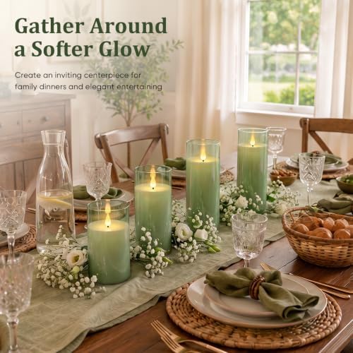 Homemory Sage Green Flameless Candles, Acrylic LED Pillar Candles with Remote Timer, Set of 9