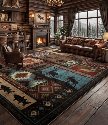 YIHOUSE 10x14 Rustic Cabin Area Rugs for Living Room, Brown