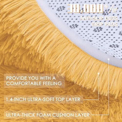 OLANLY Mustard Yellow Round Rugs for Bedroom - Machine Washable, 3 ft Circle Area Rugs for Living Room, Soft and Fluffy
