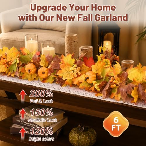 6 FT Fall Garland for Mantle, Fall Decorations for Home