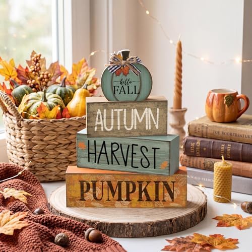 Lineshading 4 Pcs Fall Wood Block Signs Pumpkin Harvest Tiered Tray Decor