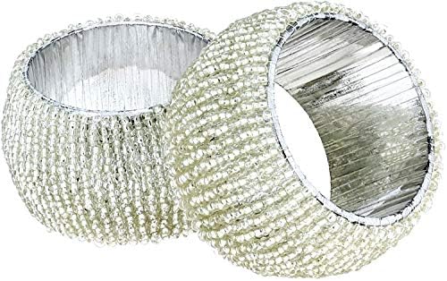 Silver Beaded Napkin Rings Set of 6 – Luxury Decorative Napkin Holders for Dining Table, Wedding, Party & Festive Table Decor – Elegant Handmade Bead Design, Durable & Reusable