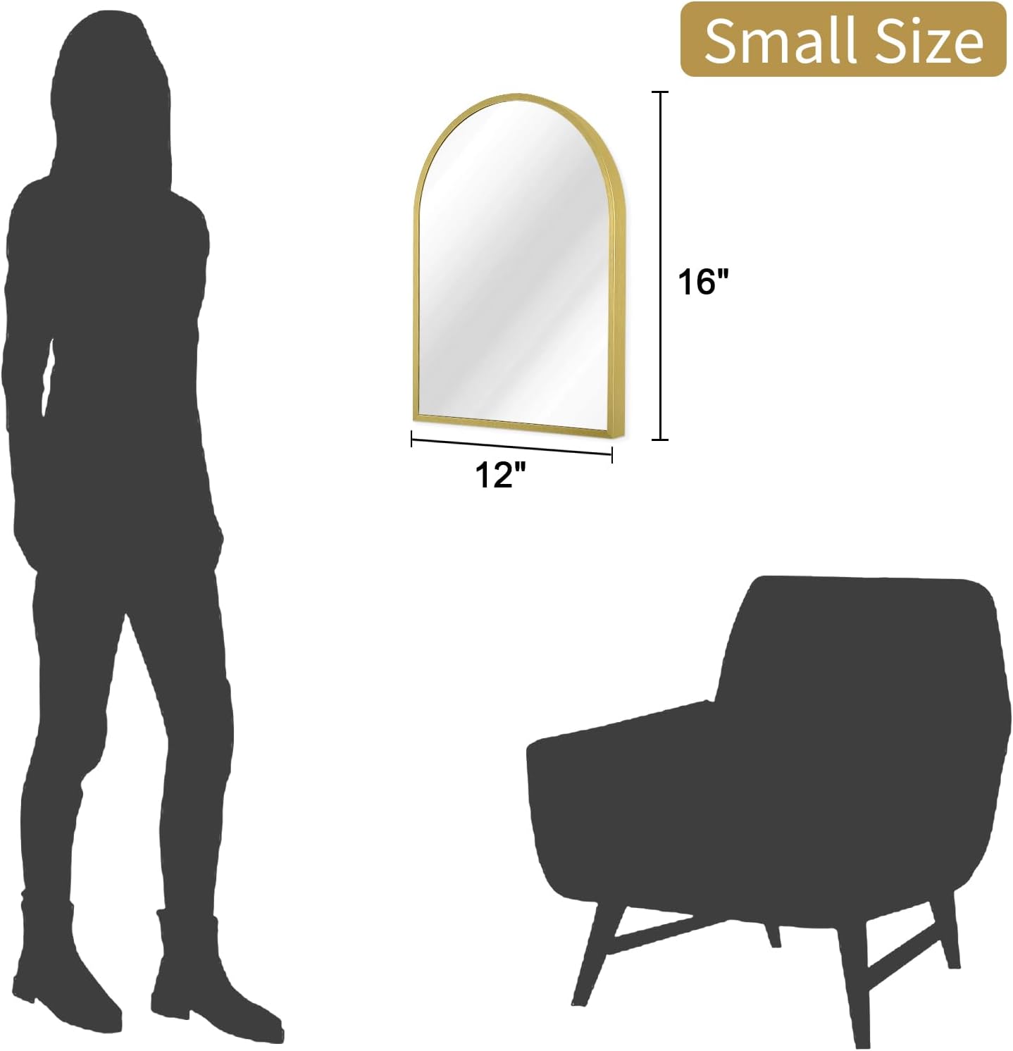 Arch Wall Mirror Aluminum Alloy Frame Mirror for Vanity Living Room / 16"L x 12"W / Light Gold