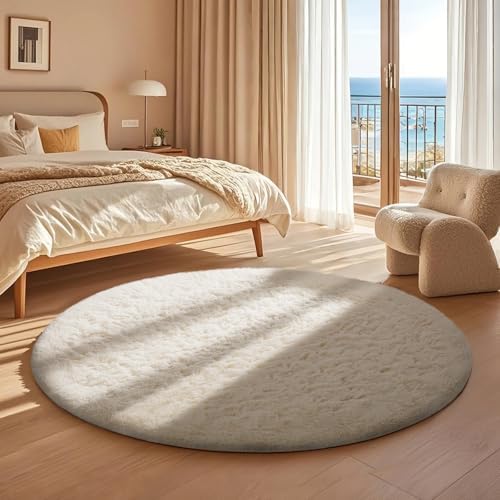 Ophanie Round Rug 4Ft Ivory Circle Area Rugs, Fluffy Fuzzy Small Bedroom Carpet 4 foot, Plush Shag Floor Cream Living