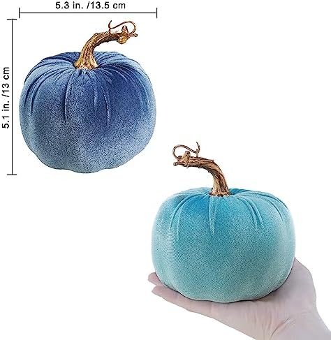 Winlyn 4 Pcs Assorted Blue Faux Velvet Pumpkins Decorative Harvest Pumpkins Fabric Foam Pumpkins for Farmhouse Fall Wedding Halloween Thanksgiving Table Centerpiece Mantel Bowl Decorations