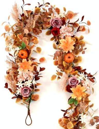 6FT Fall Garland for Mantle, Pumpkin Dahlia Garland Fall Decor
