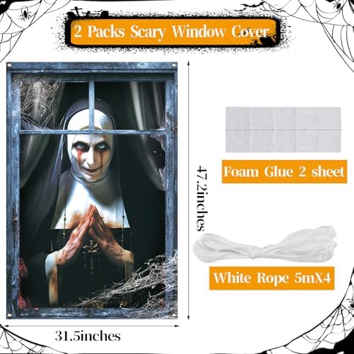 CCINEE 2 Packs Scary Halloween Window Cover Decoration, 3D Ghost Curtains Backdrop Haunted House Garage Door Posters for Indoor Outdoor Wall Window Silhouettes Halloween Party Decor