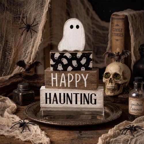 Lineshading 4 Pcs Happy Haunting Wood Blocks, Halloween Farmhouse Decor